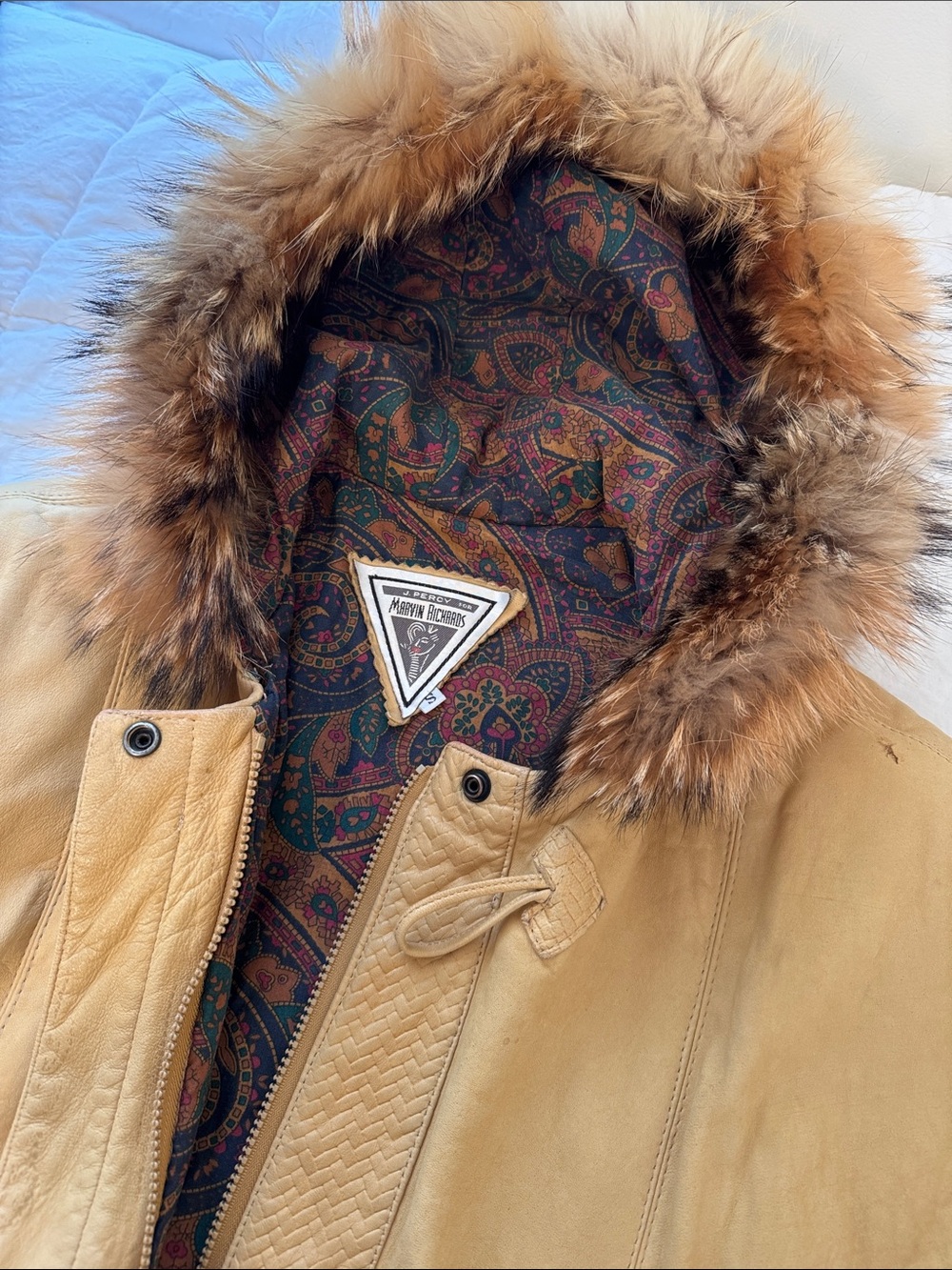 Vintage J. Percy for Marvin Richards Tan Leather Fox fur Hood S - Picture 6 of 10